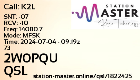QSL Card for 2W0PQU QSO with K2L