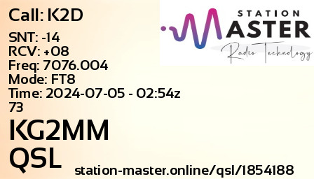 QSL Card for KG2MM QSO with K2D