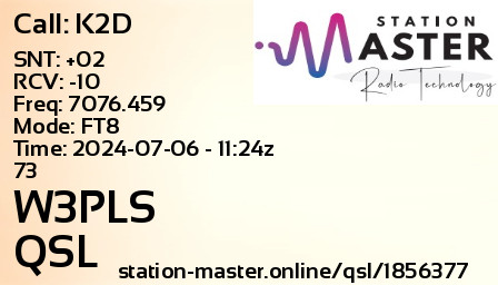 QSL Card for W3PLS QSO with K2D