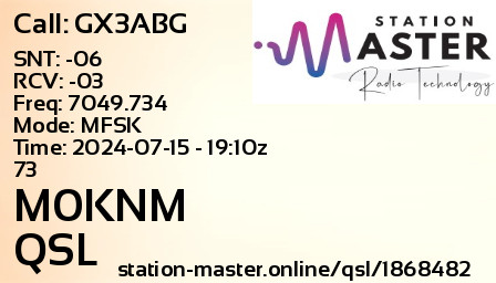 QSL Card for M0KNM QSO with GX3ABG