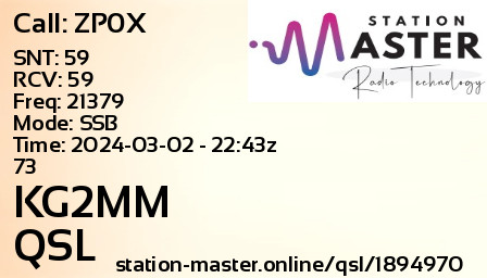 QSL Card for KG2MM QSO with ZP0X