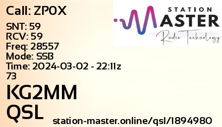 QSL Card for KG2MM QSO with ZP0X