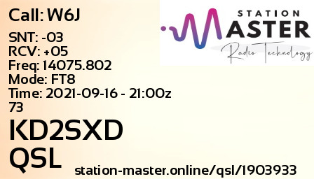QSL Card for KD2SXD QSO with W6J