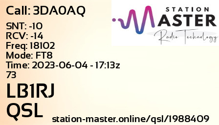 QSL Card for LB1RJ QSO with 3DA0AQ