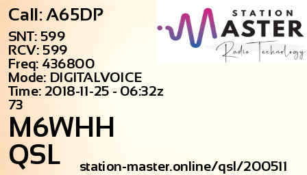 QSL Card for M6WHH QSO with A65DP
