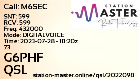 QSL Card for G6PHF QSO with M6SEC