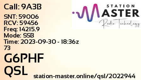 QSL Card for G6PHF QSO with 9A3B
