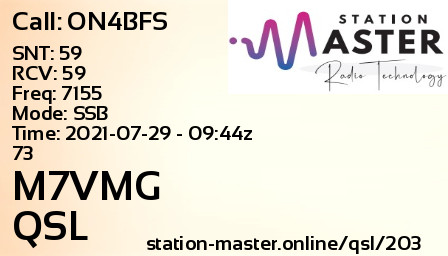 QSL Card for M7VMG QSO with ON4BFS