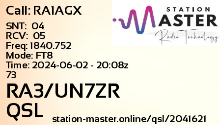 QSL Card for RA3/UN7ZR QSO with RA1AGX