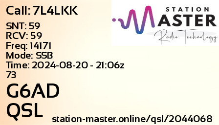 QSL Card for G6AD QSO with 7L4LKK