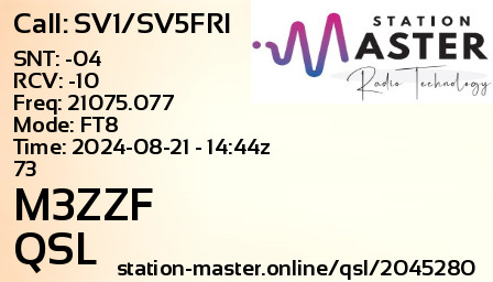 QSL Card for M3ZZF QSO with SV1/SV5FRI