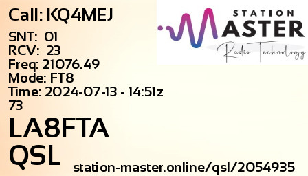 QSL Card for LA8FTA QSO with KQ4MEJ