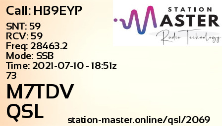 QSL Card for M7TDV QSO with HB9EYP
