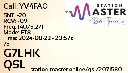 QSL Card for G7LHK QSO with YV4FAO