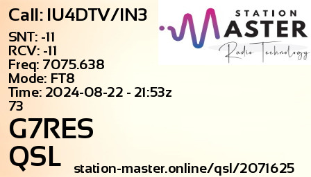 QSL Card for G7RES QSO with IU4DTV/IN3