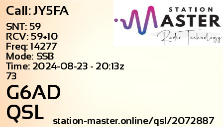 QSL Card for G6AD QSO with JY5FA