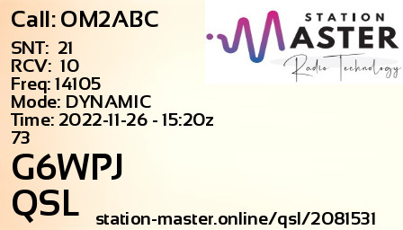 QSL Card for G6WPJ QSO with OM2ABC