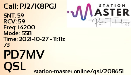 QSL Card for PD7MV QSO with PJ2/K8PGJ