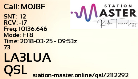 QSL Card for LA3LUA QSO with M0JBF