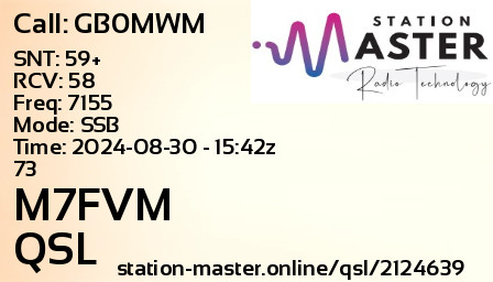 QSL Card for M7FVM QSO with GB0MWM