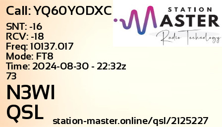 QSL Card for N3WI QSO with YQ60YODXC