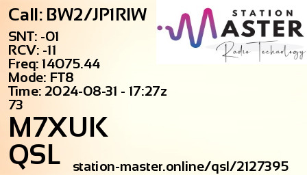 QSL Card for M7XUK QSO with BW2/JP1RIW