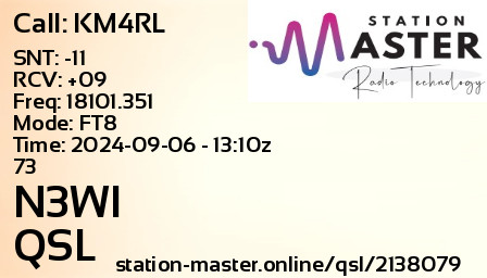 QSL Card for N3WI QSO with KM4RL