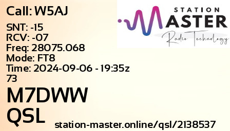 QSL Card for M7DWW QSO with W5AJ