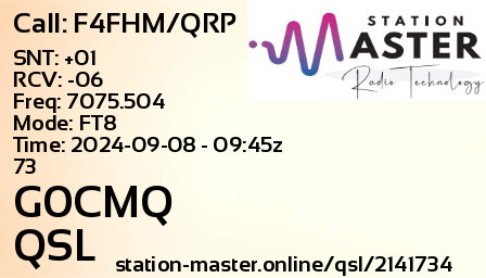 QSL Card for G0CMQ QSO with F4FHM/QRP