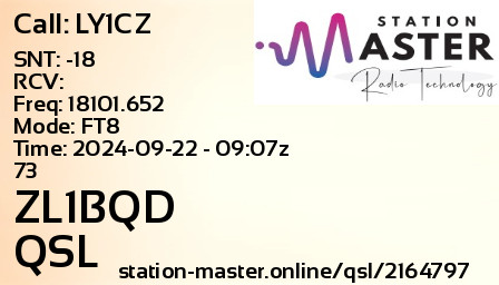 QSL Card for ZL1BQD QSO with LY1CZ