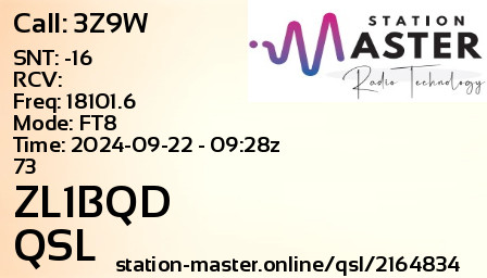 QSL Card for ZL1BQD QSO with 3Z9W