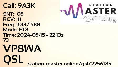 QSL Card for VP8WA QSO with 9A3K