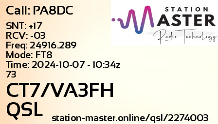QSL Card for CT7/VA3FH QSO with PA8DC