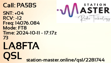QSL Card for LA8FTA QSO with PA5BS
