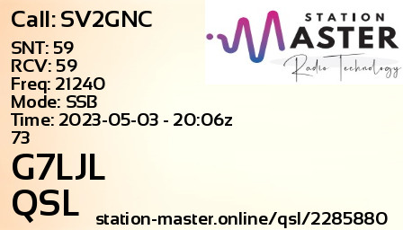 QSL Card for G7LJL QSO with SV2GNC