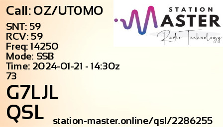 QSL Card for G7LJL QSO with OZ/UT0MO