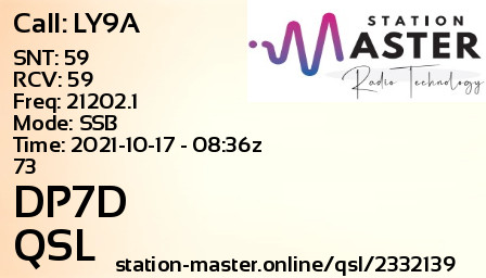 QSL Card for DP7D QSO with LY9A