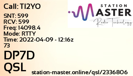 QSL Card for DP7D QSO with TI2YO