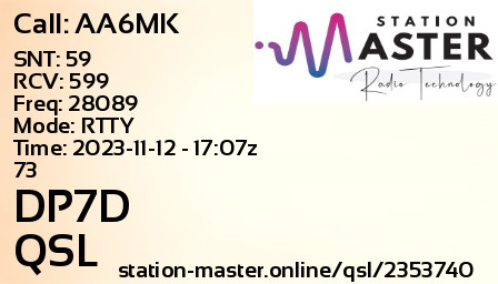 QSL Card for DP7D QSO with AA6MK