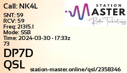 QSL Card for DP7D QSO with NK4L