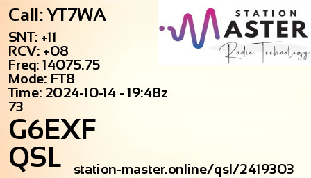 QSL Card for G6EXF QSO with YT7WA