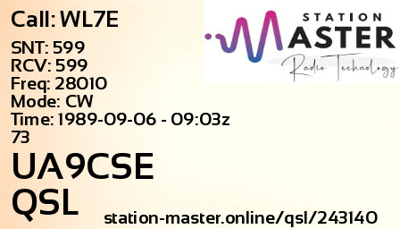 QSL Card for UA9CSE QSO with WL7E