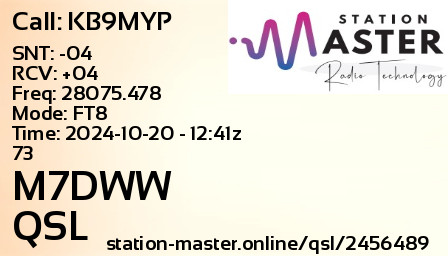 QSL Card for M7DWW QSO with KB9MYP