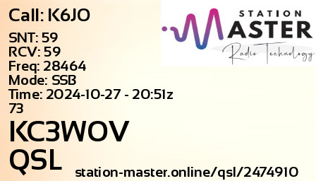 QSL Card for KC3WOV QSO with K6JO