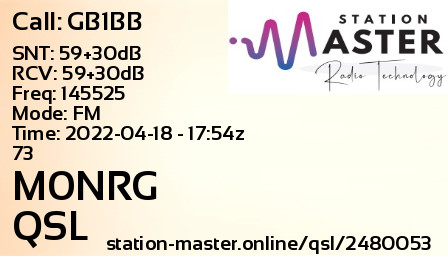 QSL Card for M0NRG QSO with GB1BB