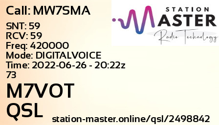 QSL Card for M7VOT QSO with MW7SMA