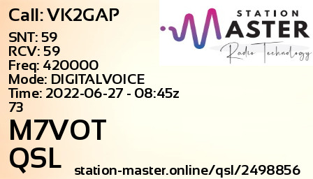QSL Card for M7VOT QSO with VK2GAP