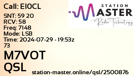 QSL Card for M7VOT QSO with EI0CL