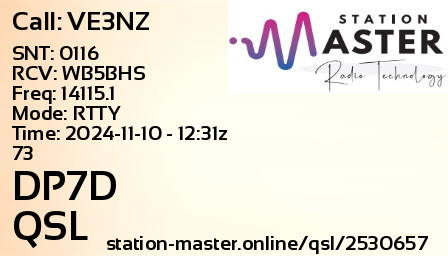QSL Card for DP7D QSO with VE3NZ