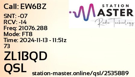 QSL Card for ZL1BQD QSO with EW6BZ